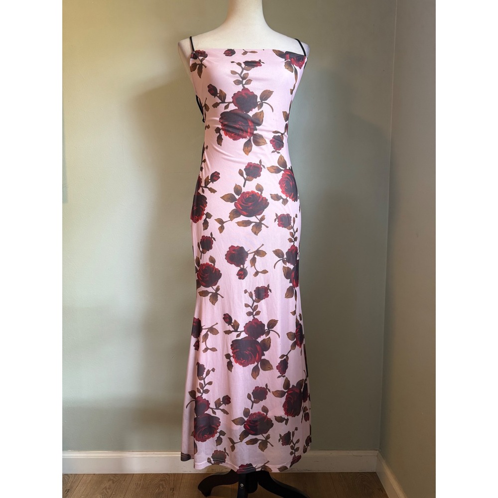 Y2K Pink Floral Mesh Maxi Dress Red Rose Lace Up Open Back M whimsi boho dainty